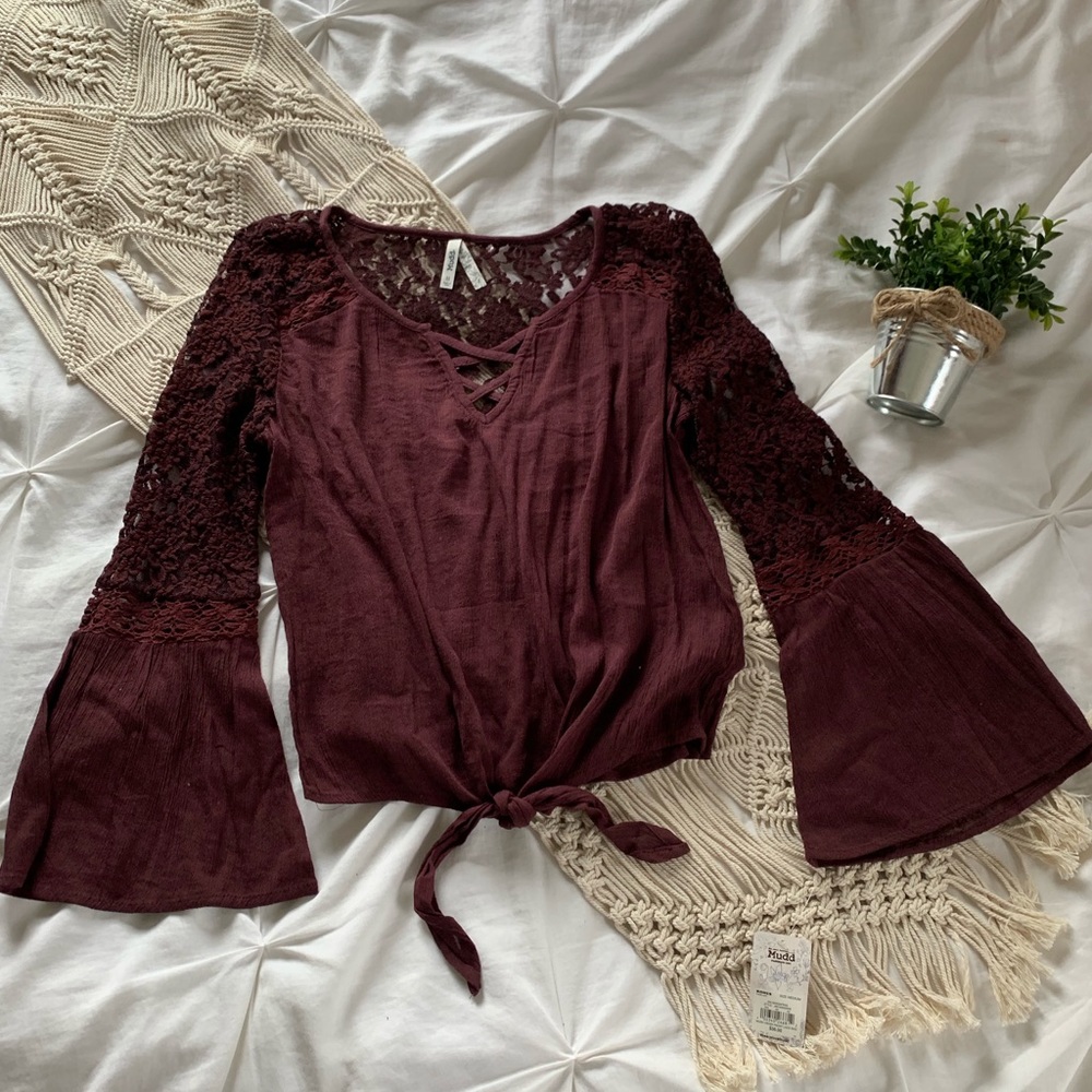 Maroon Bell Sleeve Lace Shirt 🥀